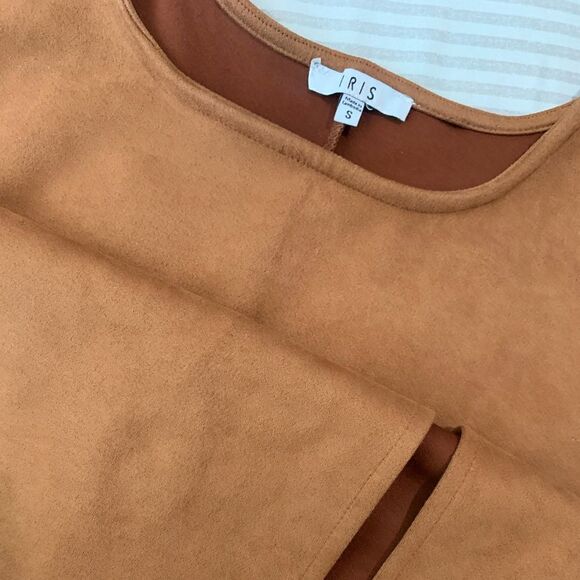 Iris camel brown faux suede mini dress with slit size S - Picture 2 of 3